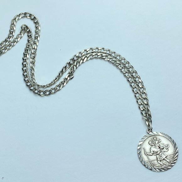 Italian 925 Sterling Silver Curb Chain Bracelet w St Christopher Medal JR1099